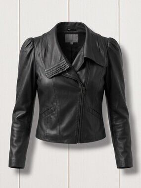 Classiques Entier Black Puff Sleeve Leather Moto Jacket Size M